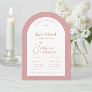Invitation Baptême de fille Dusty Rose Arc blanc moderne rose
