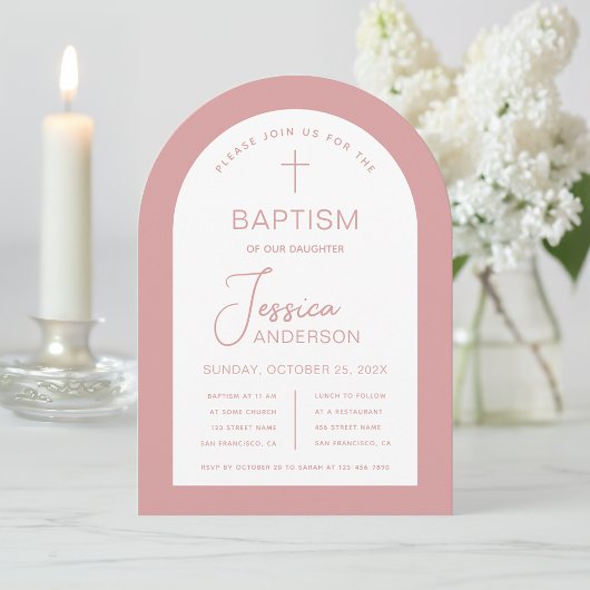 Invitation Baptême de fille Dusty Rose Arc blanc moderne rose
