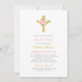 Invitation Baptême de fille élégant croix florale rose or (Devant)