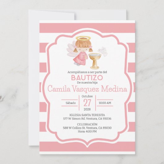 Invitation Baptême de fille en espagnol mignon Aquarelle Ange (Devant)