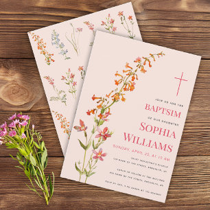 Invitation Baptême de fille Fleurs sauvages florales aquarell
