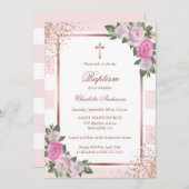 Invitation Baptême de fille florale rayée rose rose pâle (Devant / Derrière)