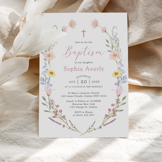 Invitation Baptême de fille florale sauvage Boho