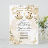 Invitation Baptême de fille jumelle mexicaine blanche et or (Debout devant)