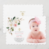 Invitation Baptême de fille photo de Magnolia blanche délicat (Devant / Derrière)