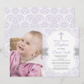 Invitation Baptême de fille pourpre et gris Damas (Devant / Derrière)