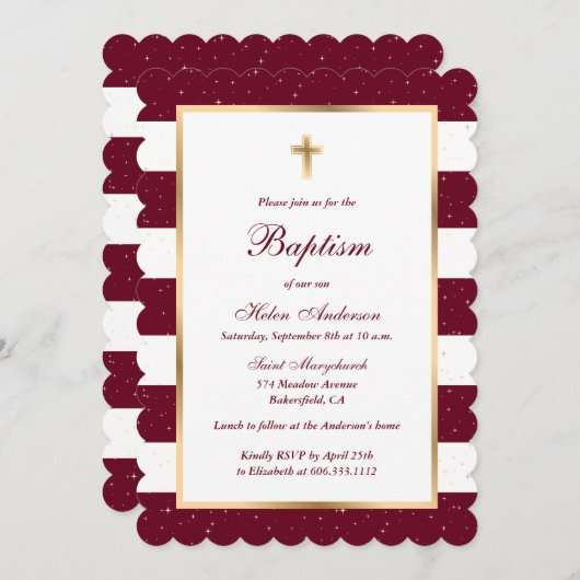 Invitation Baptême de fille rayée de la Croix Rouge Bourgogne (Devant / Derrière)