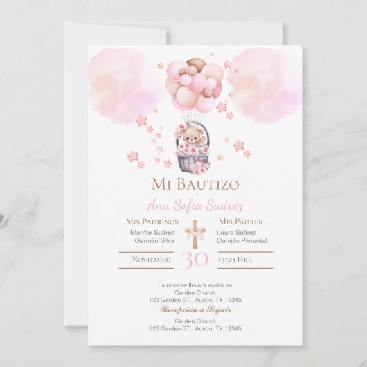 Invitation Baptême de fille rose (Devant)