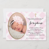 Invitation Baptême de fille rose blanche et de Croix d'or (Devant)