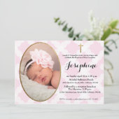 Invitation Baptême de fille rose blanche et de Croix d'or (Debout devant)