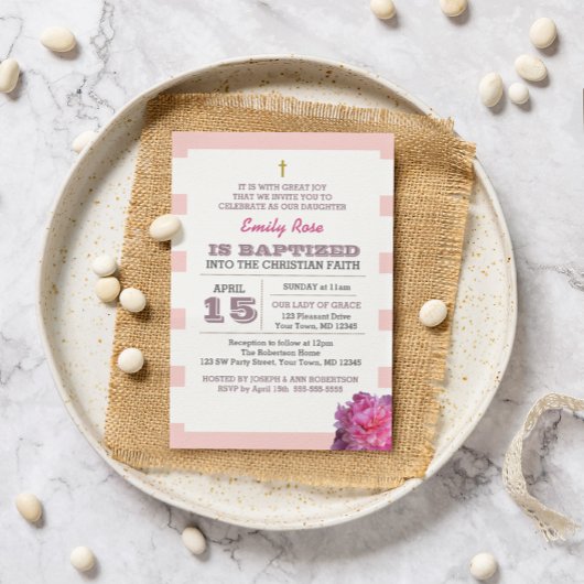 Invitation Baptême de fille rose et pivoine