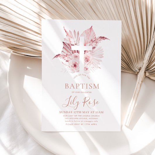 Invitation Baptême de fille rose florale