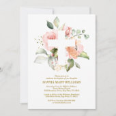 Invitation Baptême de fille rose pâle et de croix blanche (Devant)