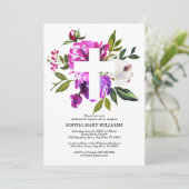 Invitation Baptême de fille Rose pourpre et Croix blanche (Debout devant)