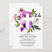 Invitation Baptême de fille Rose pourpre et Croix blanche (Devant / Derrière)