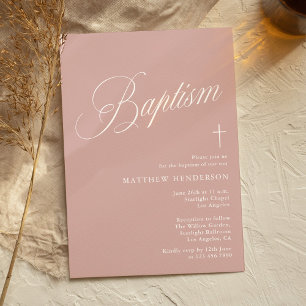 Invitation Baptême de fille rose poussiéreux écriture moderne