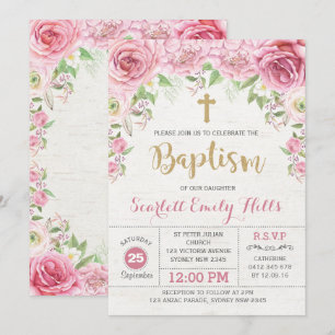 Invitation Baptême de fille Rose rose or
