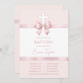 Invitation Baptême de fille rose ruban Bow & Cross Christenin (Devant / Derrière)