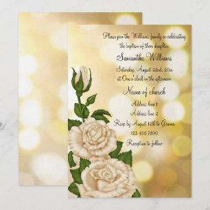 Invitation Baptême de Filles avec Roses d'Ivoire et Bokeh d'O