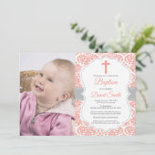 Invitation Baptême de filles Corail Rouge et Damas (Debout devant)