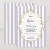 Invitation Baptême de filles de cadre de lavande et d'or (Devant / Derrière)