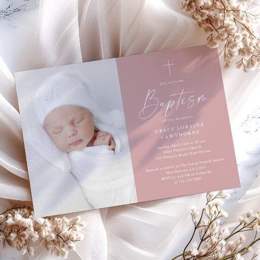 Invitation Baptême de filles rose poudré écriture moderne