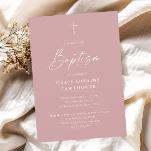 Invitation Baptême de Filles Rose Poussiéreux Écriture Élégan
