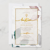 Invitation Baptême De Fleur Botanique De Cadre Or (Devant)