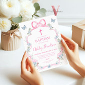 Invitation Baptême de Fleur sauvage floral bleu clair-rose