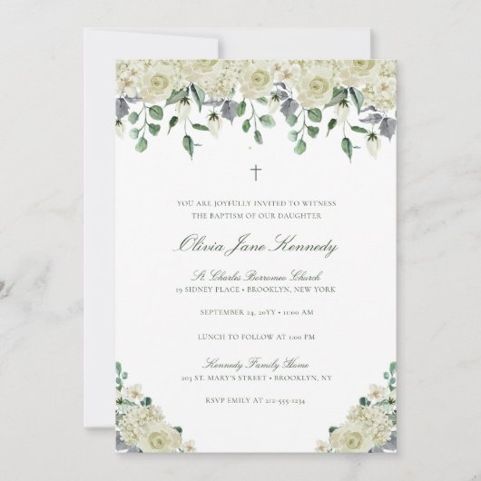 Invitation Baptême de fleurs blanches et verdure (Devant)
