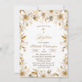 Invitation Baptême de fleurs d'or et de beige (Devant)