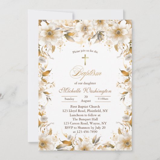 Invitation Baptême de fleurs d'or et de beige (Devant)