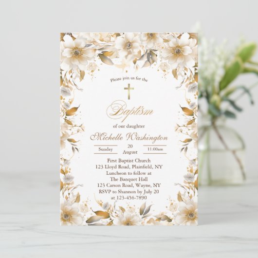 Invitation Baptême de fleurs d'or et de beige (Debout devant)