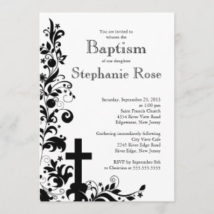 Invitation Baptême de fleurs noires de Croix moderne, Invitat