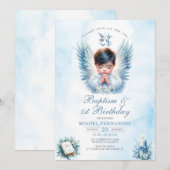 Invitation Baptême de garçon & 1er anniversaire Croix florale (Devant / Derrière)