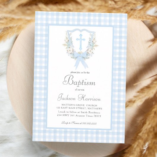 Invitation Baptême de garçon à carreaux bleus chic