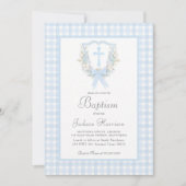Invitation Baptême de garçon à carreaux bleus chic (Devant)