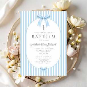 Invitation Baptême de garçon au nœud bleu Coquette élégant