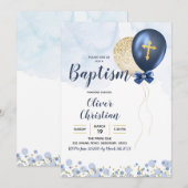 Invitation Baptême de garçon Bleu et Ballons d'or  (Devant / Derrière)