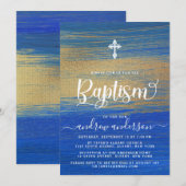 Invitation Baptême De Garçon Bleu Et Or Élégant (Devant / Derrière)