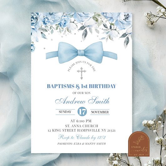 Invitation Baptême de garçon bleu et premier anniversaire