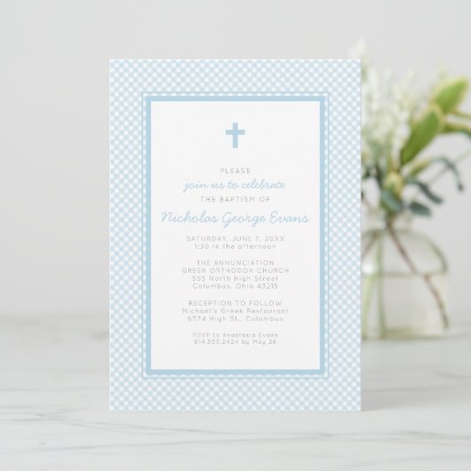 Invitation Baptême de garçon bleu gingham (Debout devant)