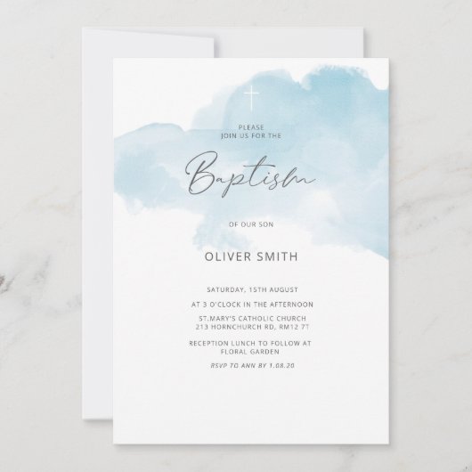 Invitation Baptême de Garçon Bleu. Première sainte (Devant)