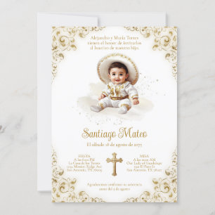 Invitation Baptême de garçon Charro - Bautizo doré - Niño Cha