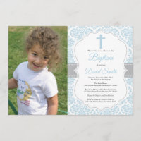 Invitation Baptême de Garçon Damas bleus et gris
