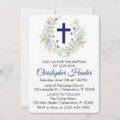 Invitation Baptême de garçon de couronne botanique bleu (Devant)