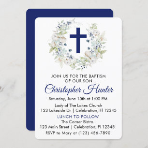Invitation Baptême de garçon de couronne botanique bleu