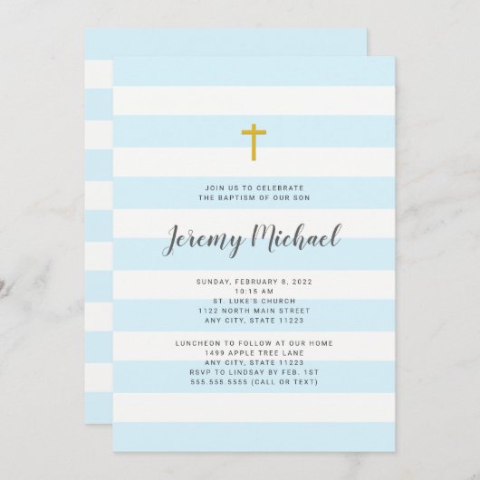 Invitation Baptême de garçon de rayure bleue ou premier (Devant / Derrière)