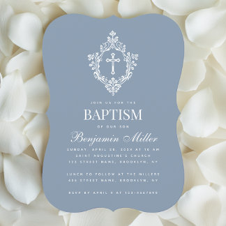 Invitation Baptême de garçon Dusty Bleu Élégant Vintage blanc