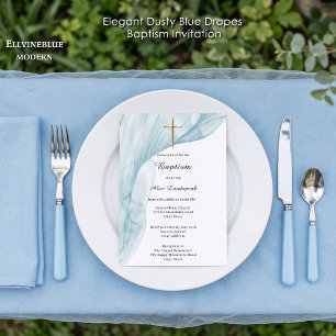 Invitation Baptême de garçon Élégantes draperies bleu pouss